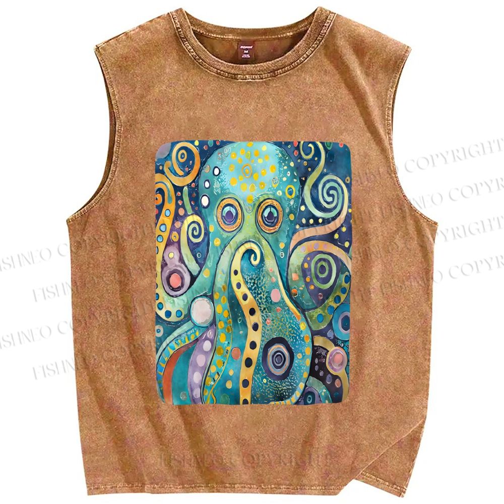 Unisex Blue Green Octopus Printed Washed Tank Top