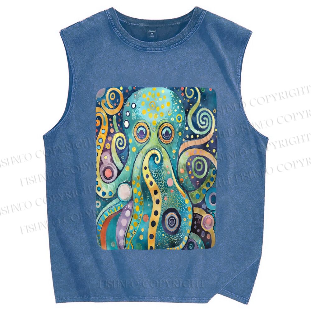 Unisex Blue Green Octopus Printed Washed Tank Top