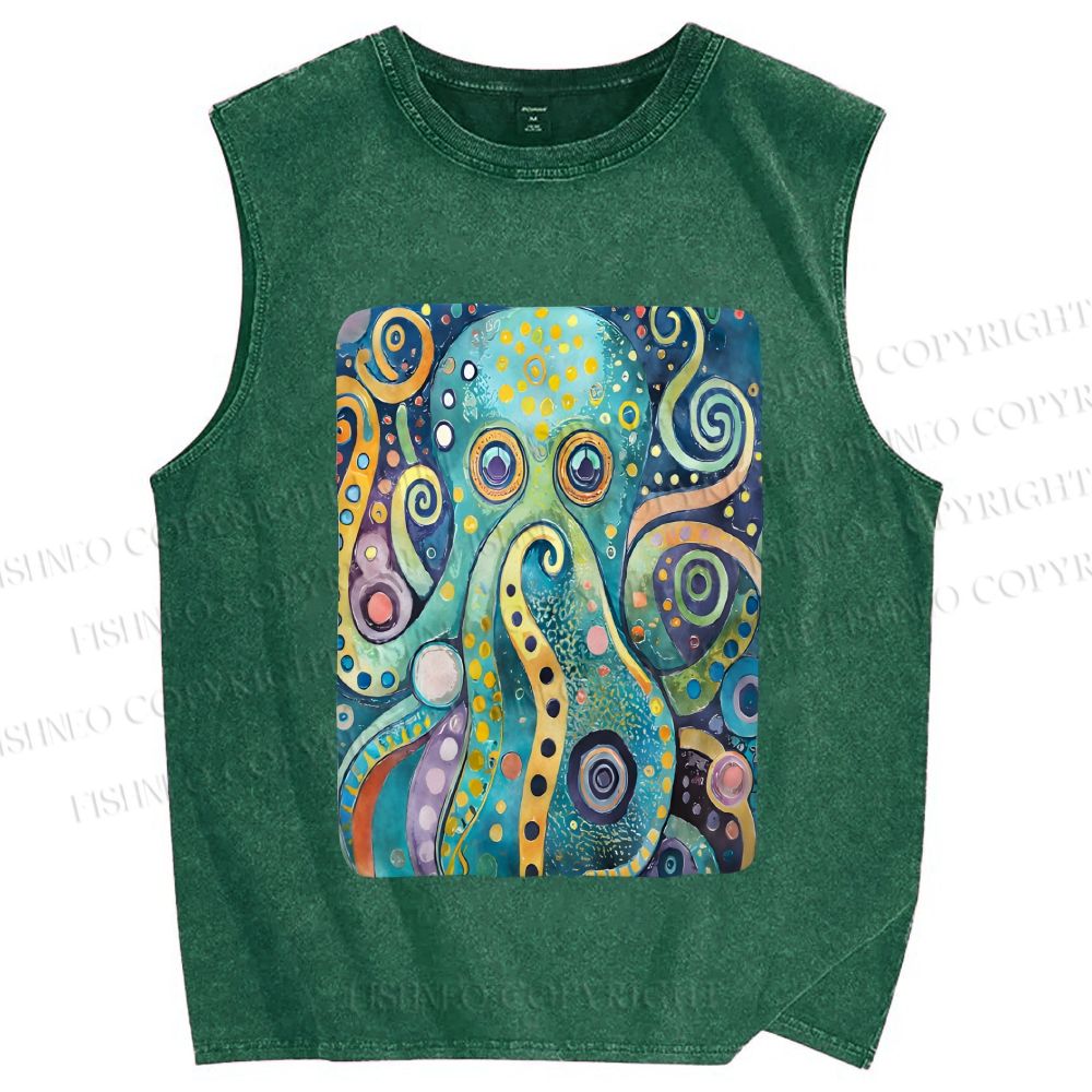 Unisex Blue Green Octopus Printed Washed Tank Top