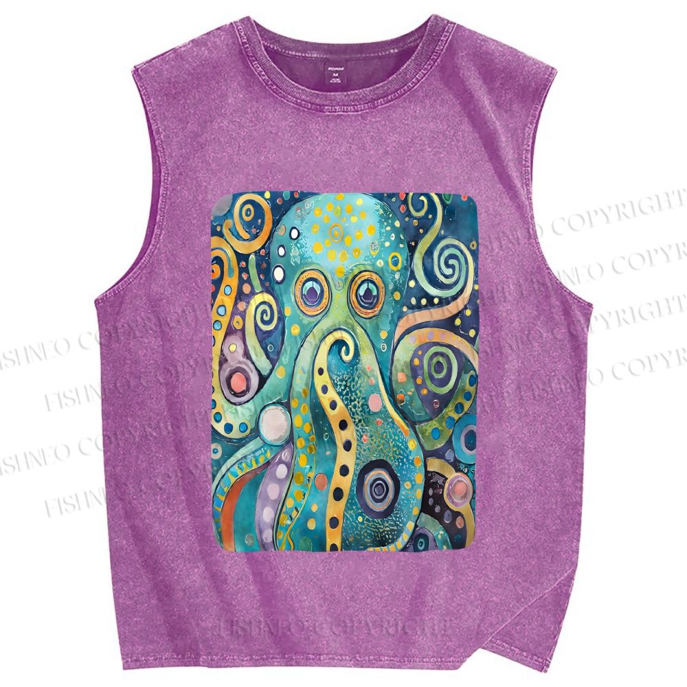 Unisex Blue Green Octopus Printed Washed Tank Top