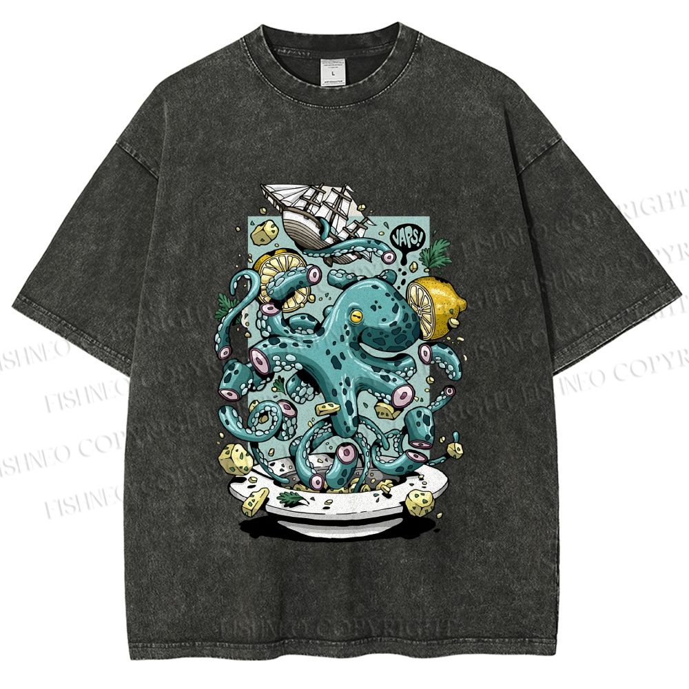 Unisex Green Octopus in Bowl Holding a Ship Printed Washed Tee