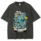 Unisex Green Octopus in Bowl Holding a Ship Printed Washed Tee