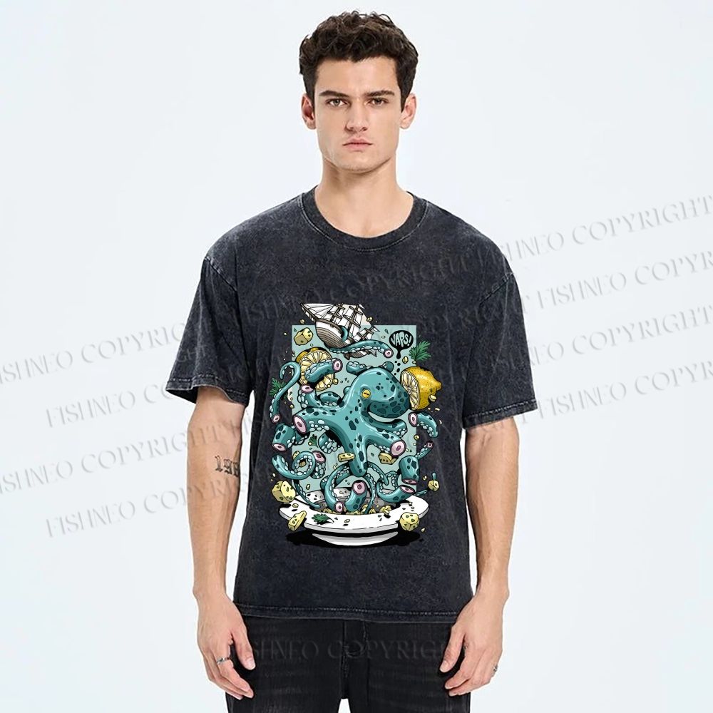 Unisex Green Octopus in Bowl Holding a Ship Printed Washed Tee