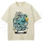 Unisex Green Octopus in Bowl Holding a Ship Printed Washed Tee