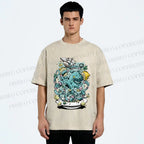 Unisex Green Octopus in Bowl Holding a Ship Printed Washed Tee