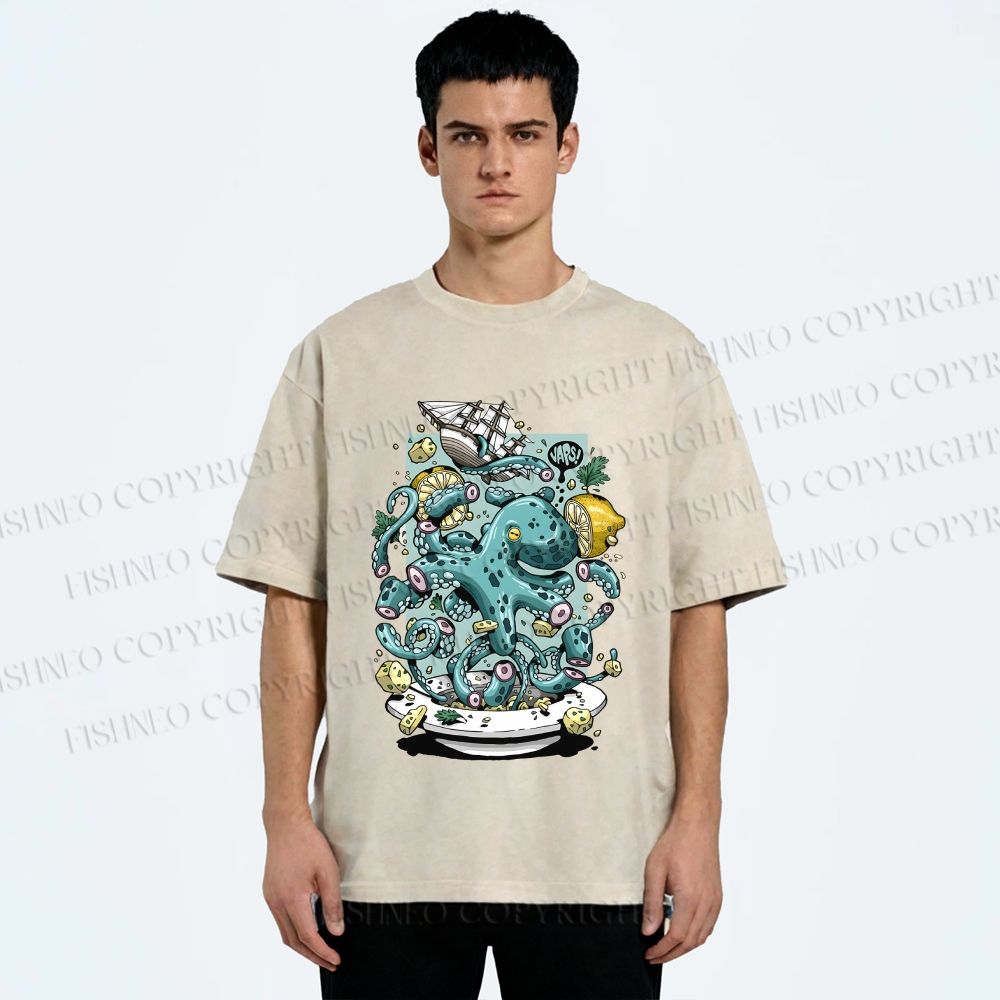 Unisex Green Octopus in Bowl Holding a Ship Printed Washed Tee