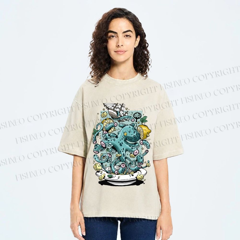 Unisex Green Octopus in Bowl Holding a Ship Printed Washed Tee