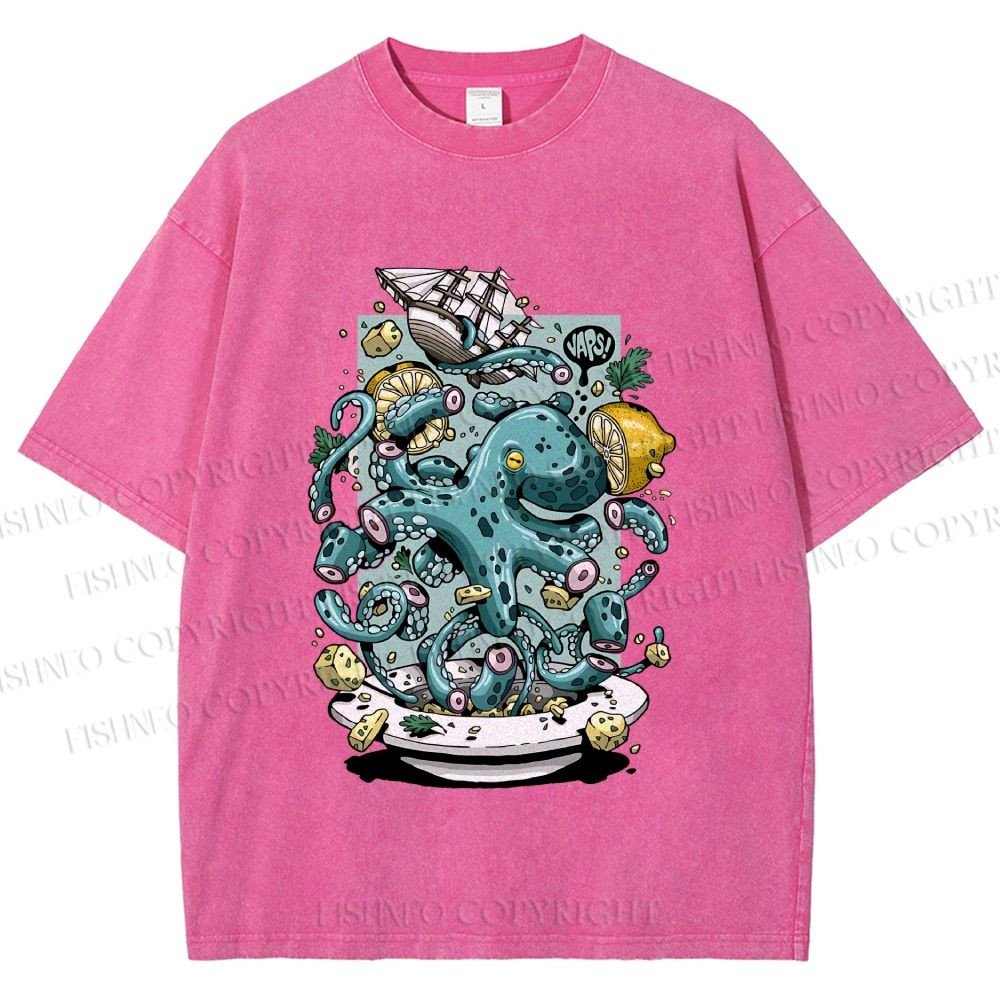 Unisex Green Octopus in Bowl Holding a Ship Printed Washed Tee