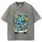 Unisex Green Octopus in Bowl Holding a Ship Printed Washed Tee