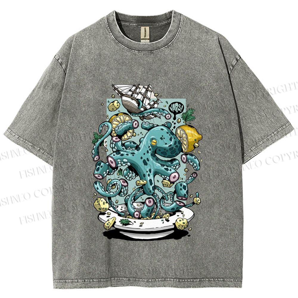 Unisex Green Octopus in Bowl Holding a Ship Printed Washed Tee