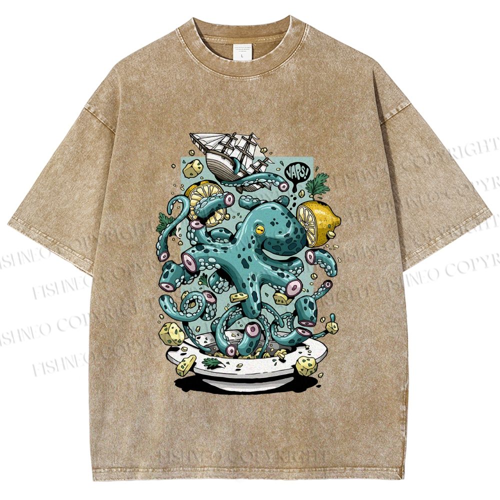 Unisex Green Octopus in Bowl Holding a Ship Printed Washed Tee