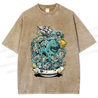 Unisex Green Octopus in Bowl Holding a Ship Printed Washed Tee