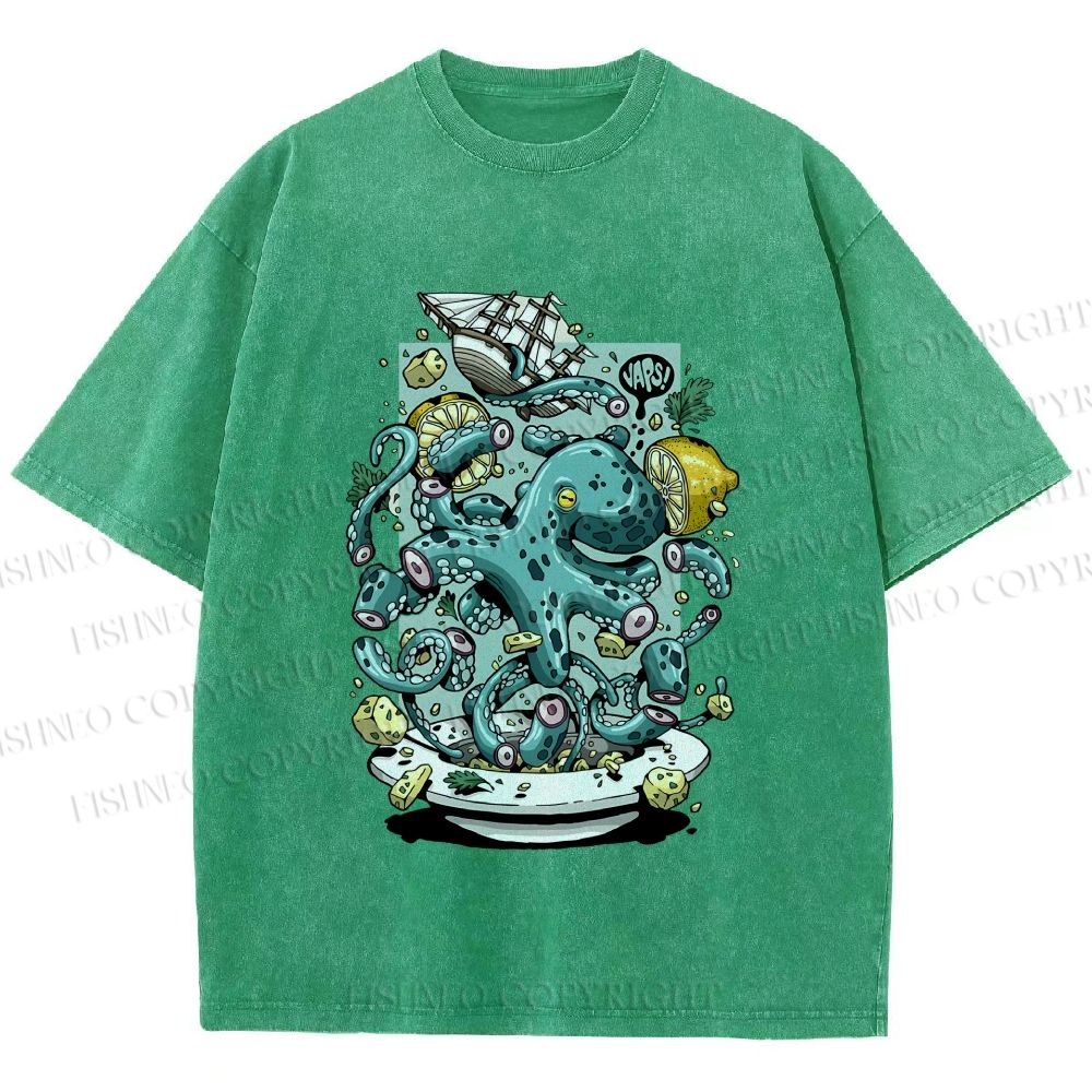 Unisex Green Octopus in Bowl Holding a Ship Printed Washed Tee