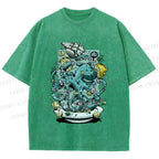 Unisex Green Octopus in Bowl Holding a Ship Printed Washed Tee