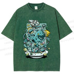 Unisex Green Octopus in Bowl Holding a Ship Printed Washed Tee