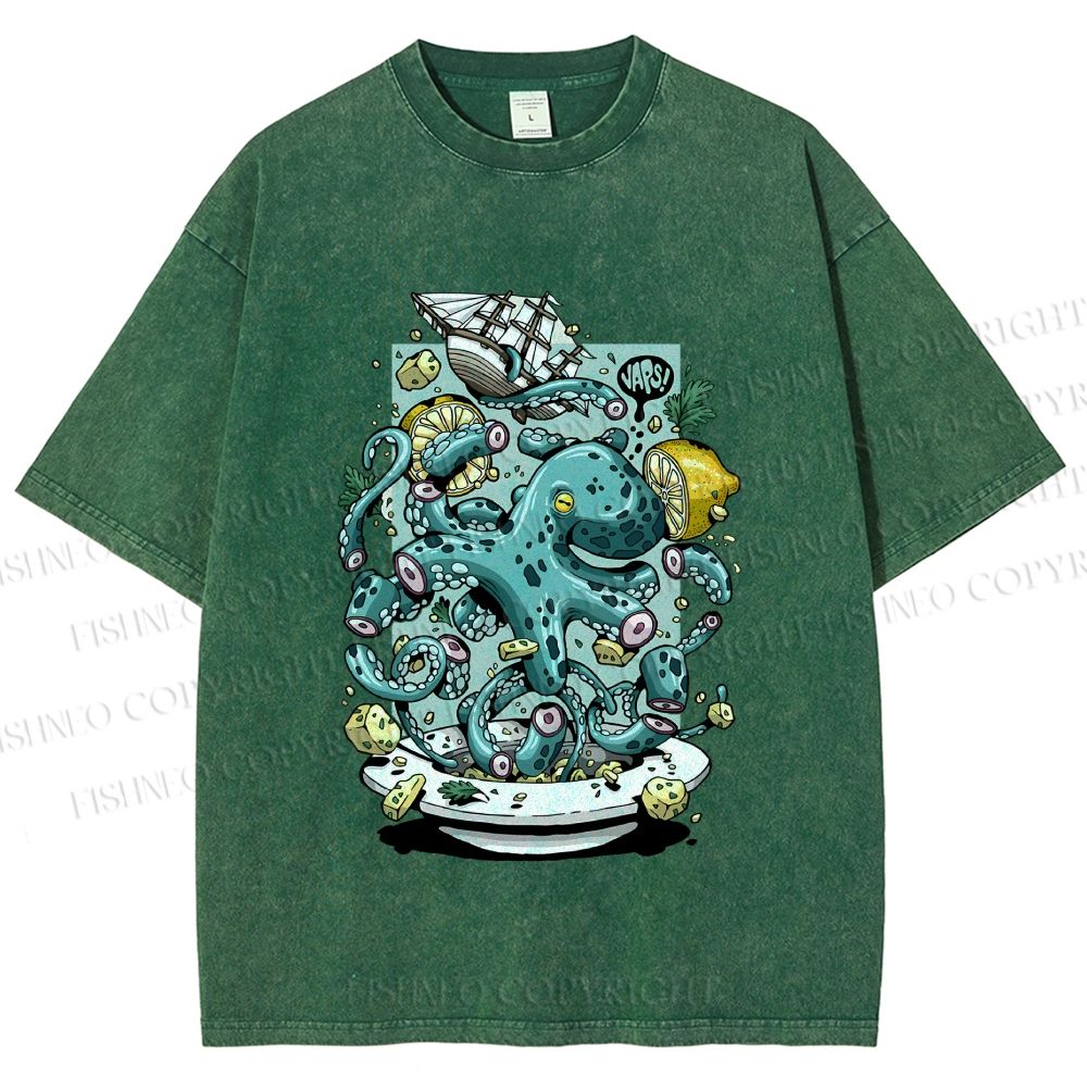 Unisex Green Octopus in Bowl Holding a Ship Printed Washed Tee