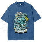 Unisex Green Octopus in Bowl Holding a Ship Printed Washed Tee