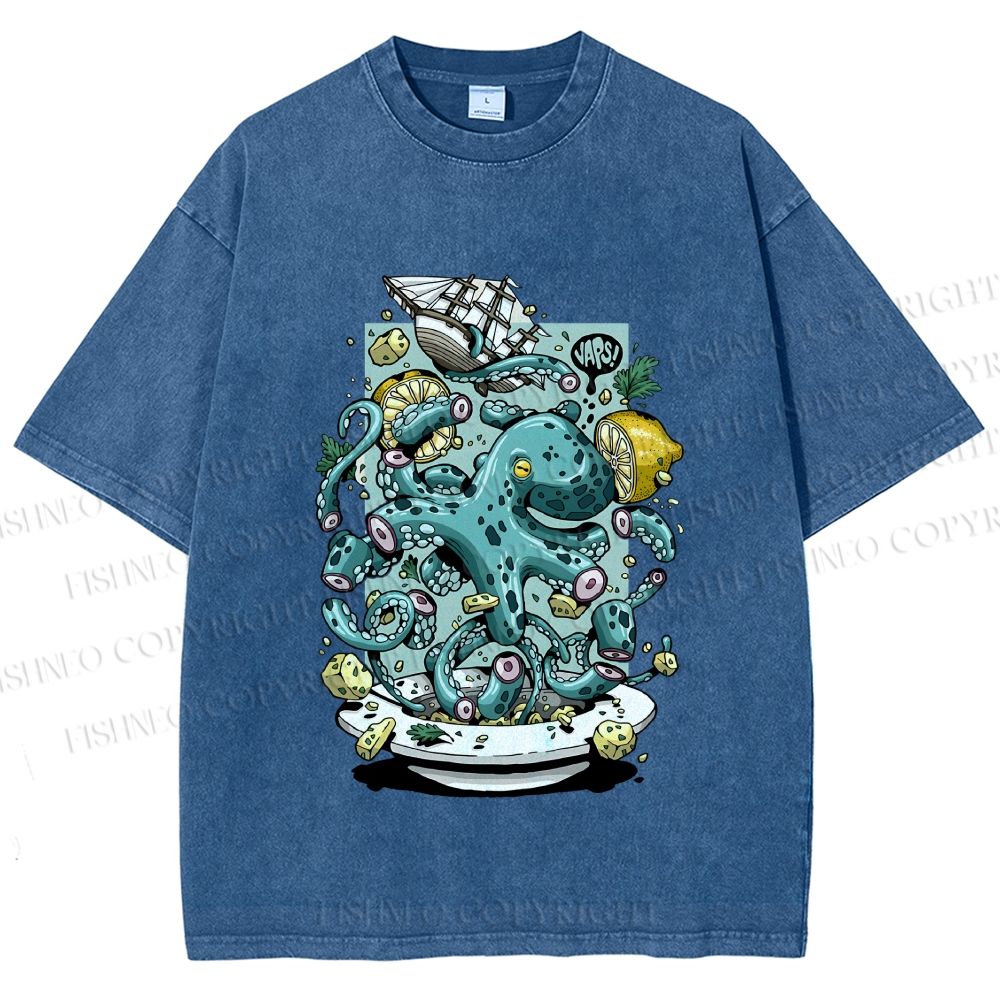 Unisex Green Octopus in Bowl Holding a Ship Printed Washed Tee