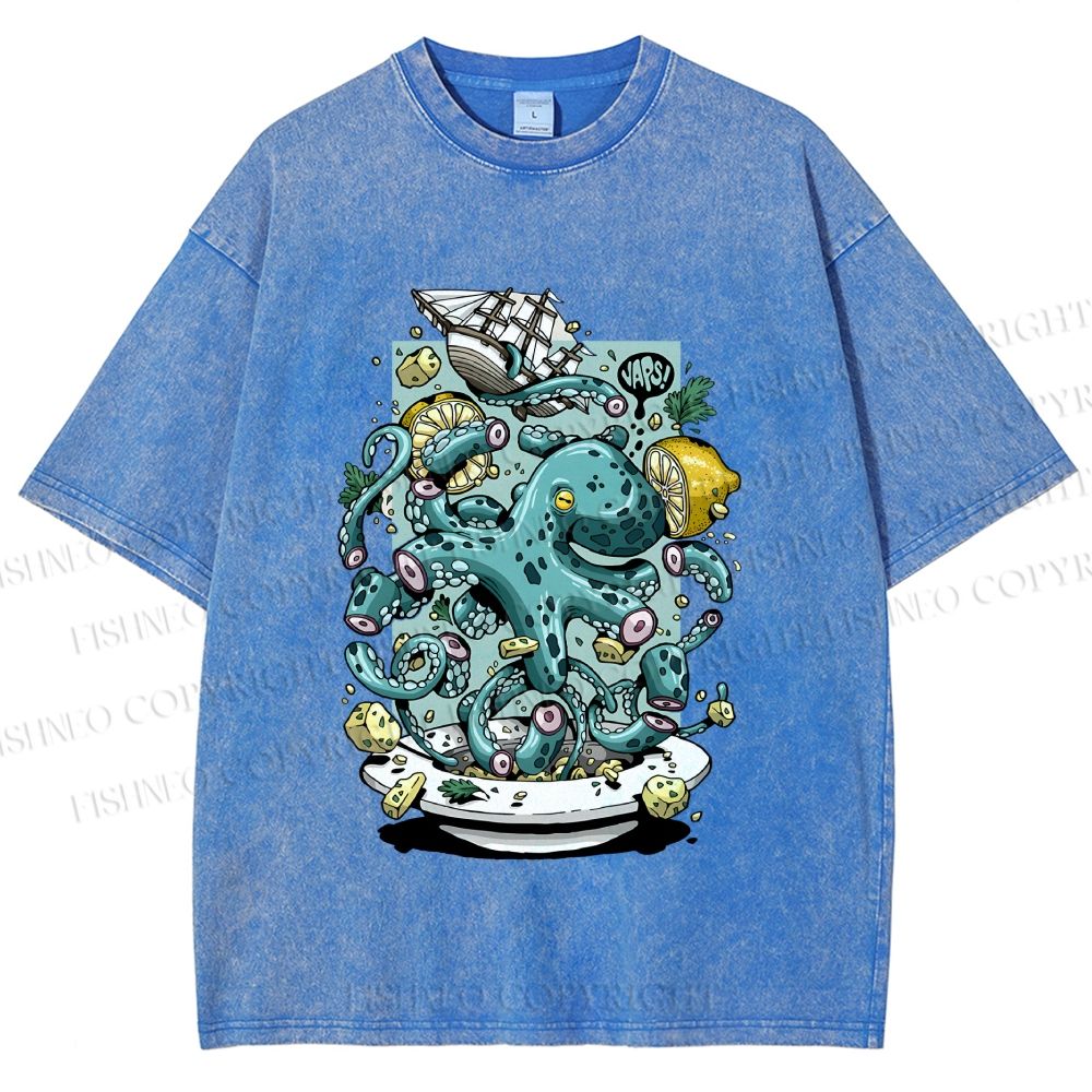 Unisex Green Octopus in Bowl Holding a Ship Printed Washed Tee