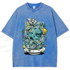 Unisex Green Octopus in Bowl Holding a Ship Printed Washed Tee