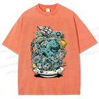 Unisex Green Octopus in Bowl Holding a Ship Printed Washed Tee