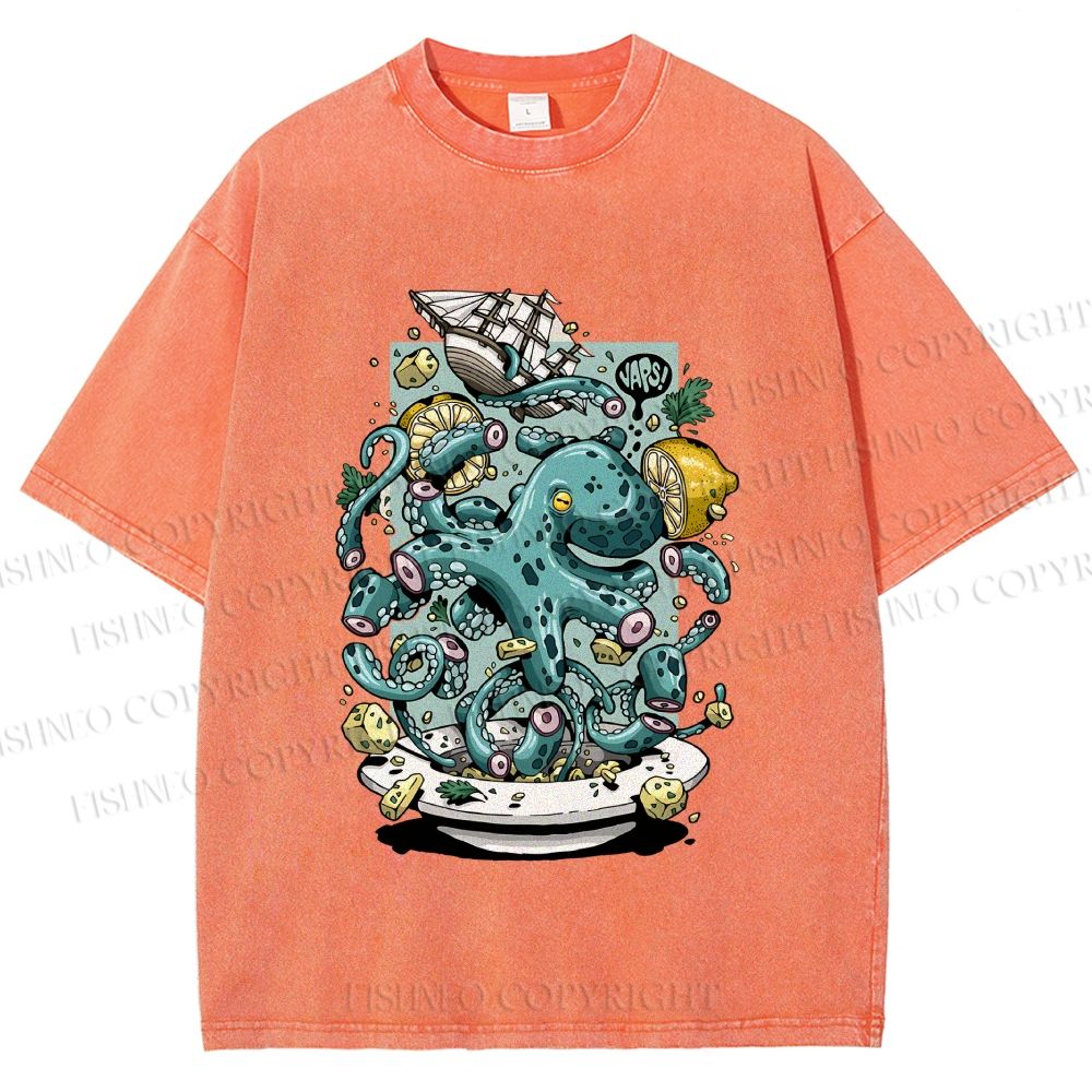 Unisex Green Octopus in Bowl Holding a Ship Printed Washed Tee