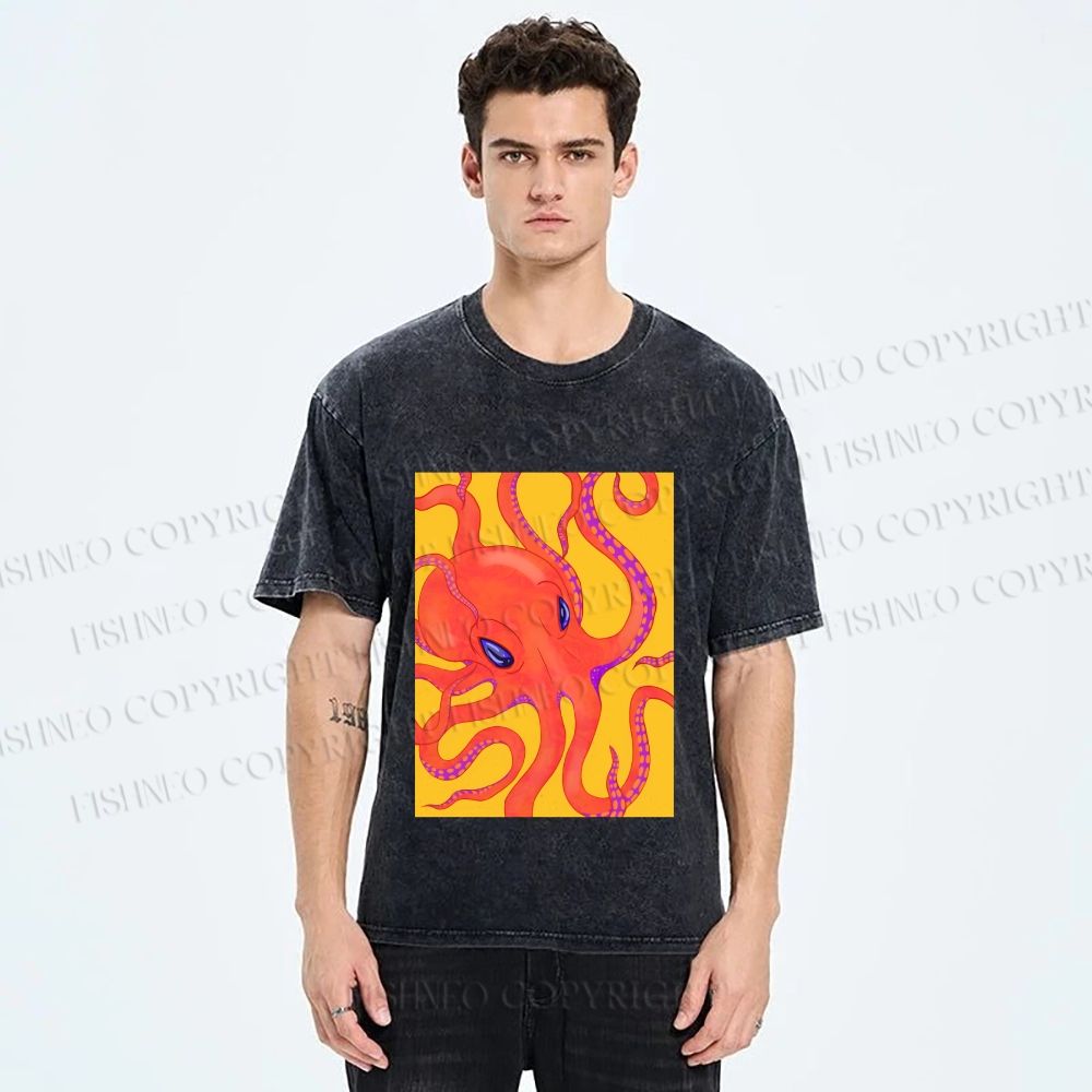 Unisex Orange Octopus Printed Washed Tee