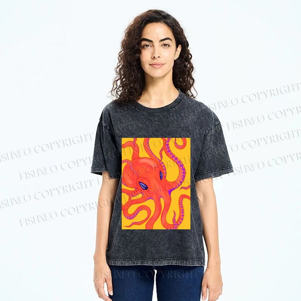 Unisex Orange Octopus Printed Washed Tee