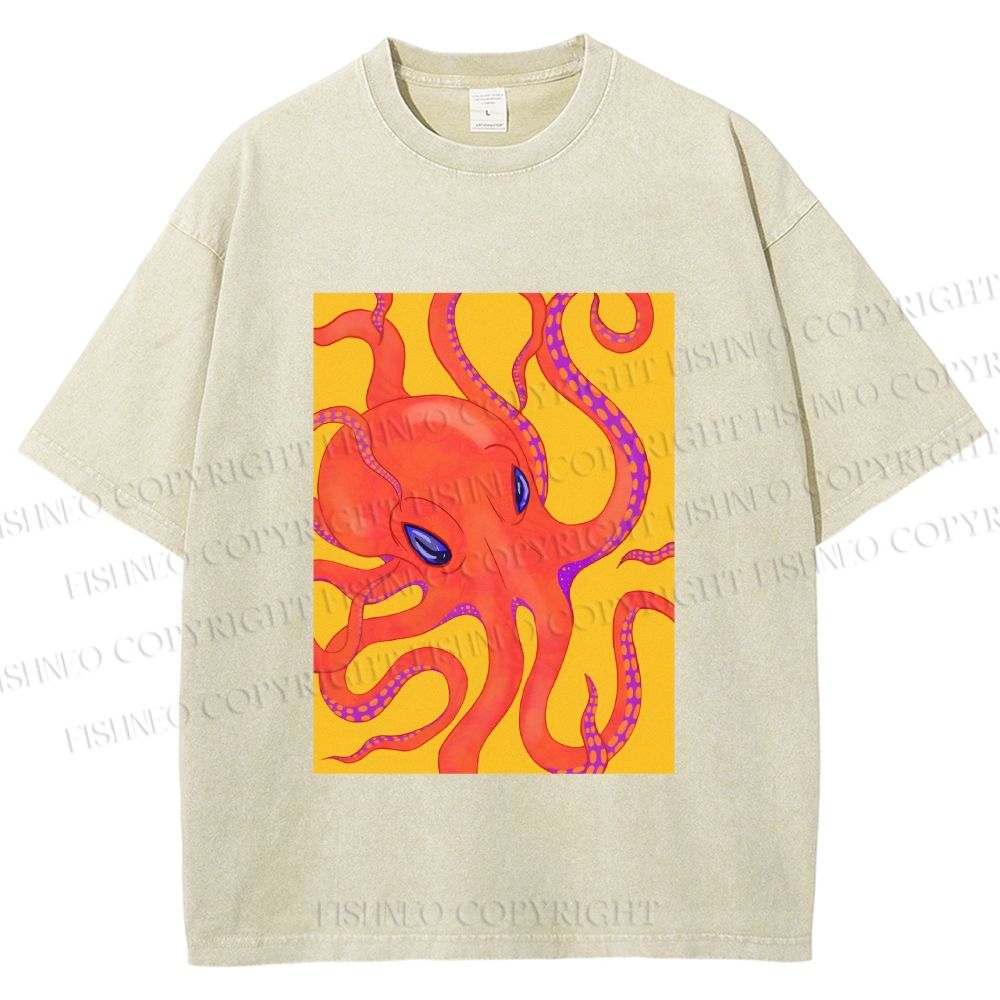 Unisex Orange Octopus Printed Washed Tee