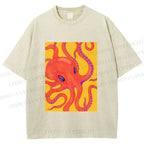 Unisex Orange Octopus Printed Washed Tee