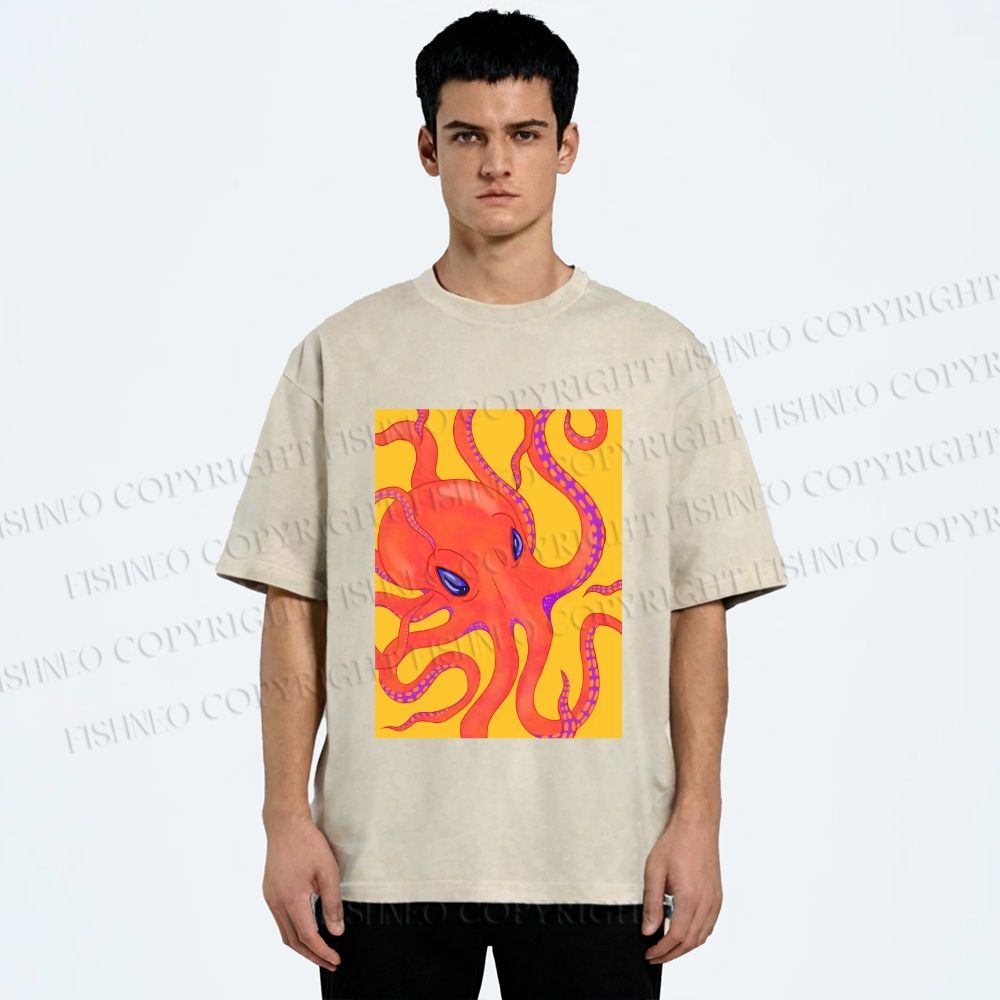 Unisex Orange Octopus Printed Washed Tee