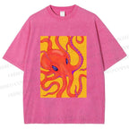 Unisex Orange Octopus Printed Washed Tee