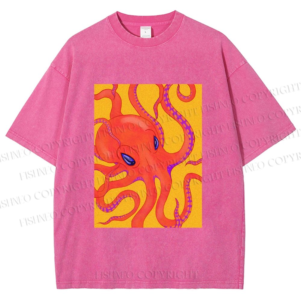 Unisex Orange Octopus Printed Washed Tee