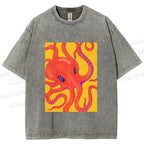 Unisex Orange Octopus Printed Washed Tee