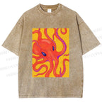 Unisex Orange Octopus Printed Washed Tee