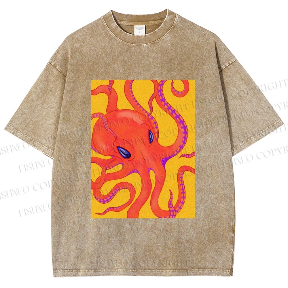 Unisex Orange Octopus Printed Washed Tee
