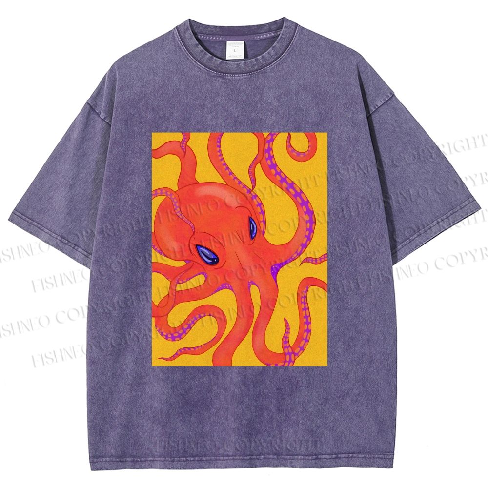 Unisex Orange Octopus Printed Washed Tee