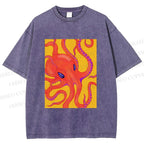 Unisex Orange Octopus Printed Washed Tee