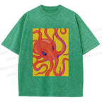 Unisex Orange Octopus Printed Washed Tee