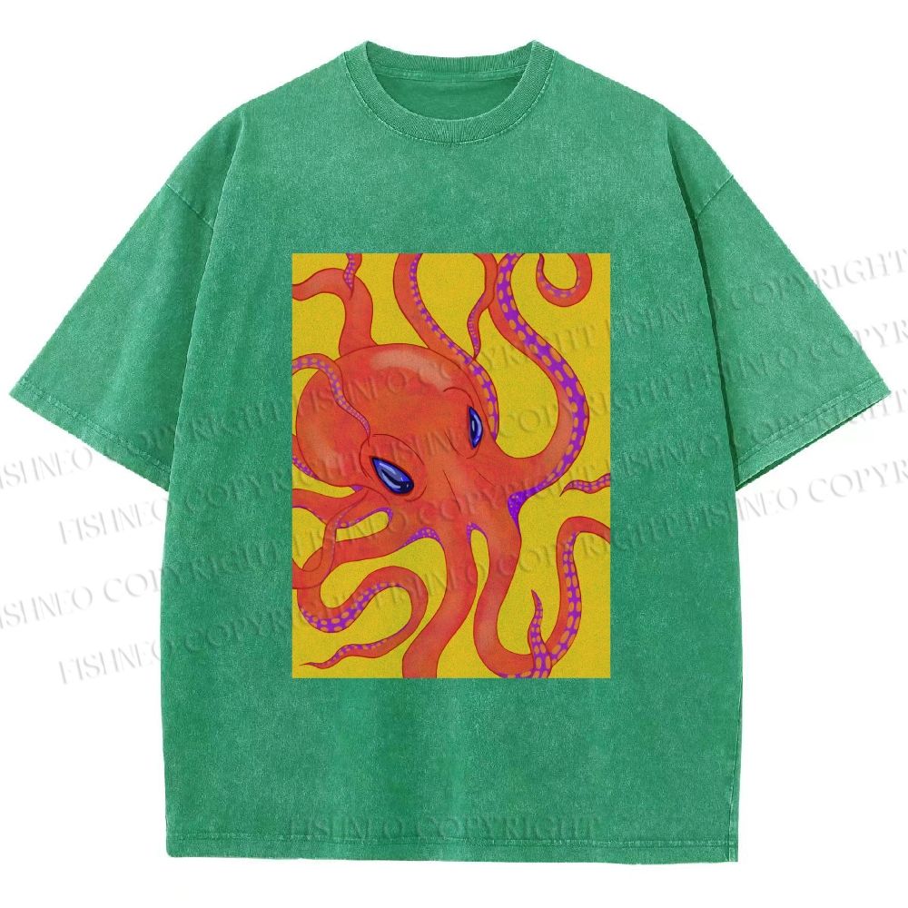Unisex Orange Octopus Printed Washed Tee