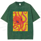 Unisex Orange Octopus Printed Washed Tee