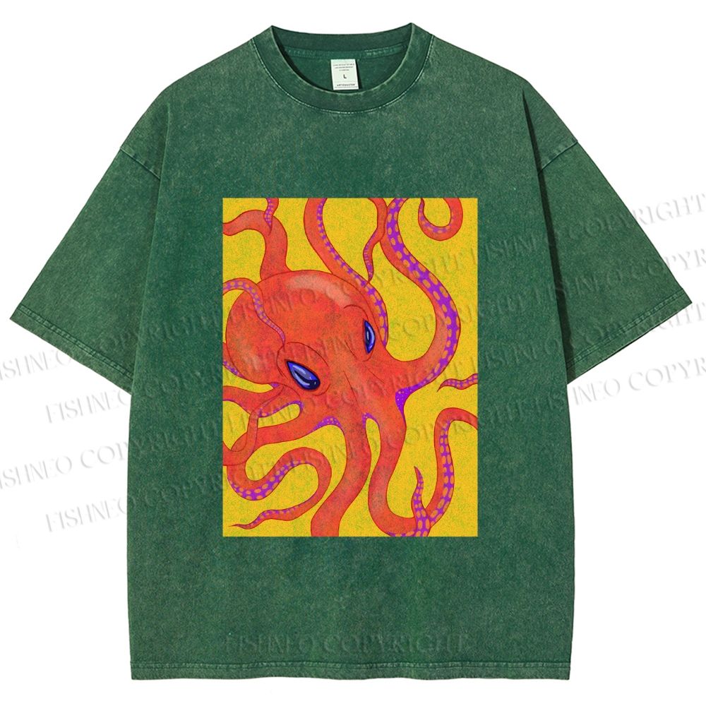 Unisex Orange Octopus Printed Washed Tee