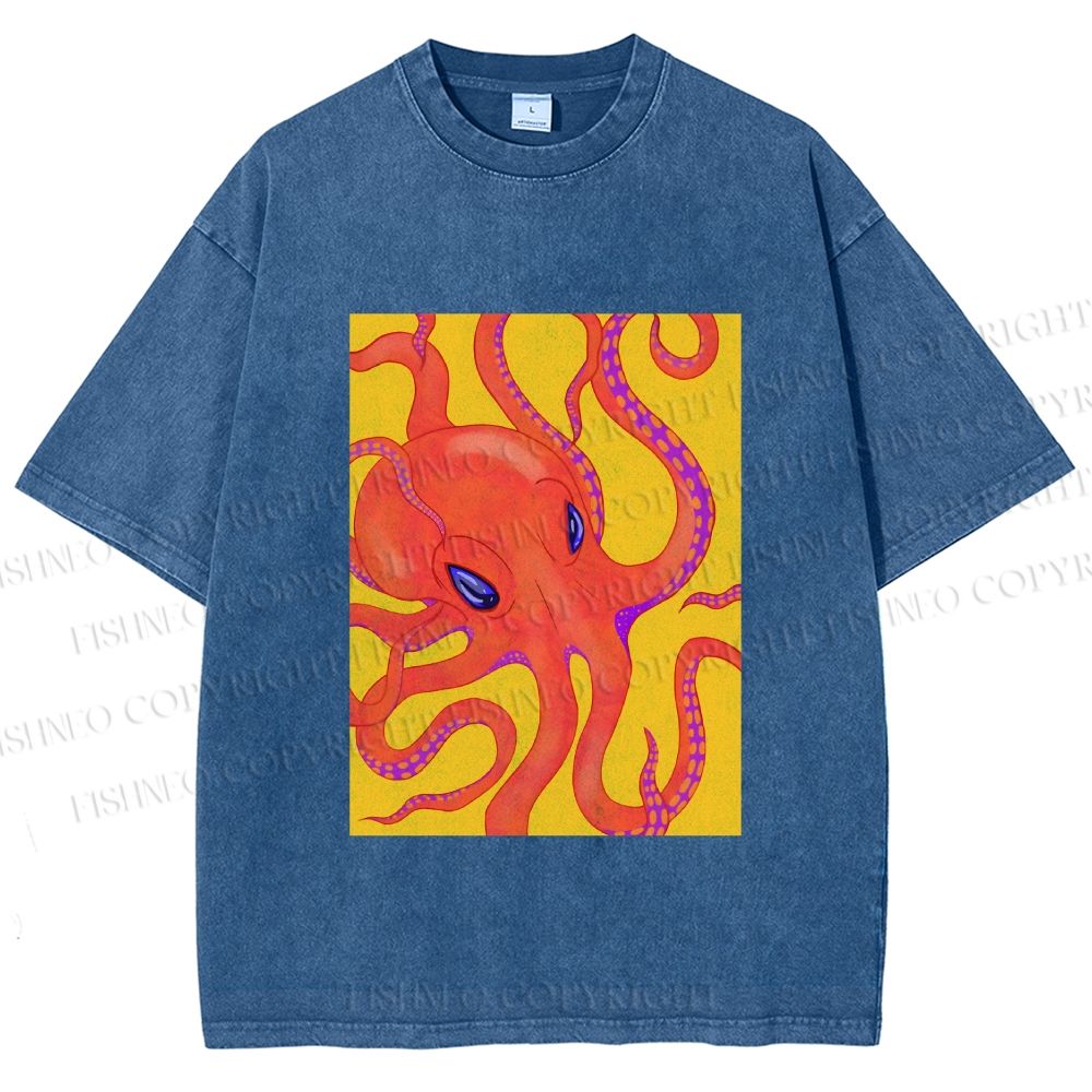 Unisex Orange Octopus Printed Washed Tee
