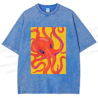 Unisex Orange Octopus Printed Washed Tee