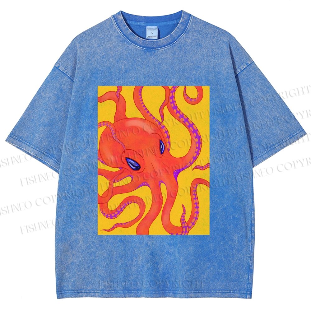 Unisex Orange Octopus Printed Washed Tee