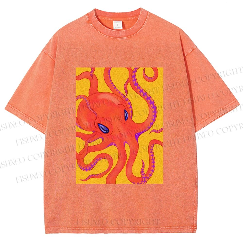 Unisex Orange Octopus Printed Washed Tee