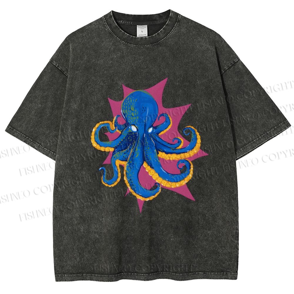 Unisex Blue Octopus in Star Printed Washed Tee