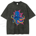 Unisex Blue Octopus in Star Printed Washed Tee