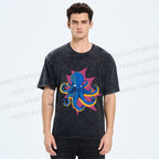 Unisex Blue Octopus in Star Printed Washed Tee