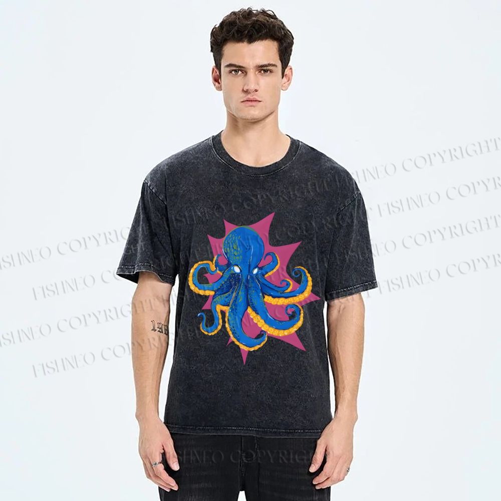 Unisex Blue Octopus in Star Printed Washed Tee